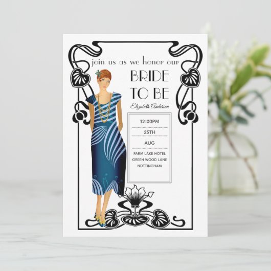 Roaring 20er Flapper Art Deco Gatsby Brautparty Einladung (Stehend Vorderseite)