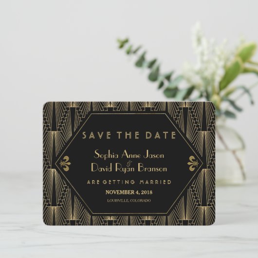 Roaring 20er Great Gatsby Art Deco Save the Date (Stehend Vorderseite)