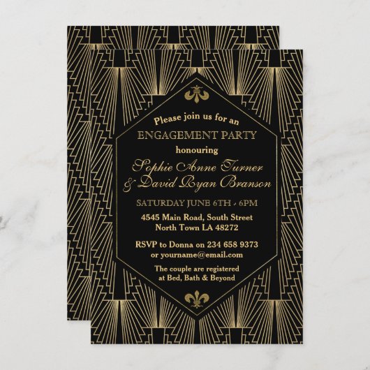 Roaring 20er große Gatsby Art Deco Engagement Part Einladung (Vorne/Hinten)