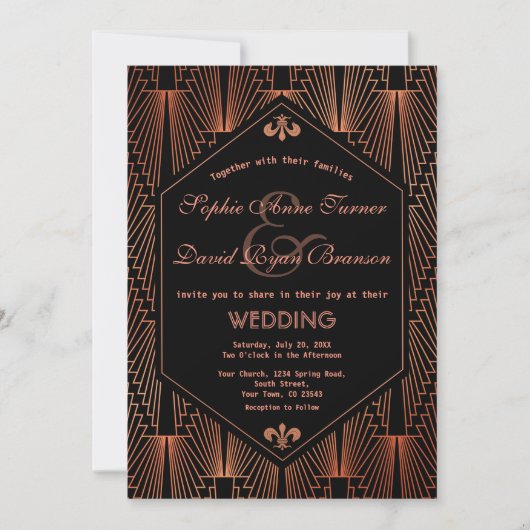 Roaring 20er große Gatsby Copper Art Deco Hochzeit Einladung (Vorderseite)