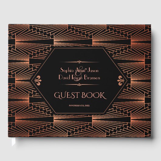 Roaring 20er große Gatsby Copper Art Deco Hochzeit Gästebuch (Vorderseite)