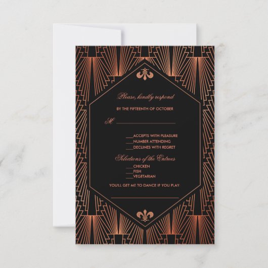 Roaring 20er große Gatsby Copper Art Deco Hochzeit RSVP Karte (Vorderseite)