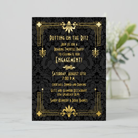 Roaring 20er Jahre Art Deco Engagement Party Folieneinladung (Stehend vorne)