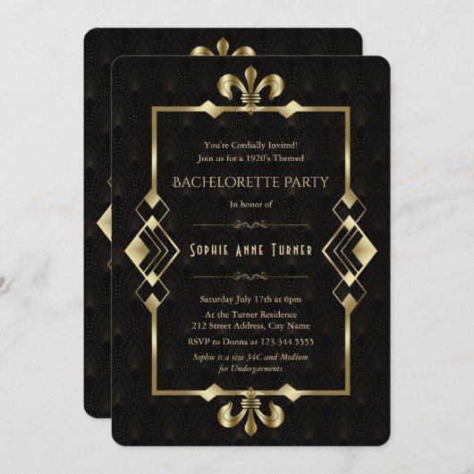 Roaring 20er Jahre Gold Art Deco Junggeselinnen-Ab Einladung (Vorne/Hinten)