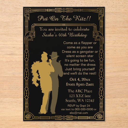 Roaring 20er Kunst Deko Flapper Girl and Gangster Acryleinladungen (Vorderseite)