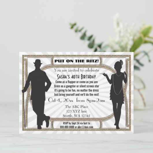 Roaring 20er Kunst Deko Flapper Girl and Gangster Einladung (Stehend Vorderseite)