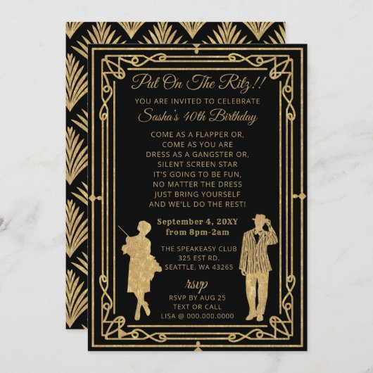 Roaring 20er Kunst Deko Flapper Girl and Gangster Einladung (Vorne/Hinten)
