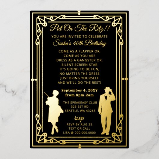 Roaring 20er Kunst Deko Flapper Girl and Gangster  Folieneinladung (Vorderseite)