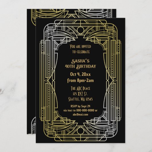 Roaring 20er Kunst große Gatsby Art Deco Geburtsta Einladung (Vorne/Hinten)