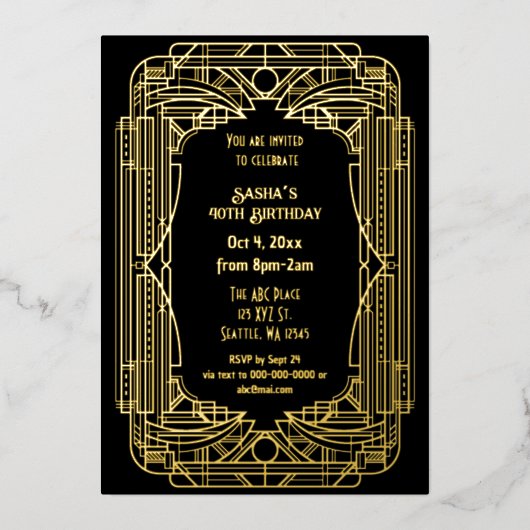 Roaring 20er Kunst große Gatsby Art Deco Geburtsta Folieneinladung (Vorderseite)