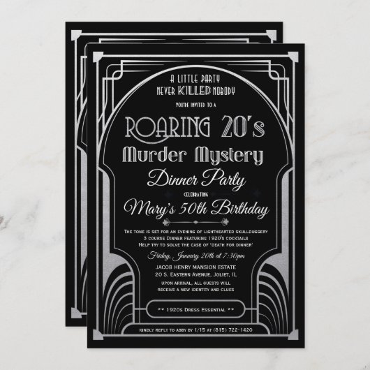 Roaring 20er Murder Mystery Einladung (Vorne/Hinten)