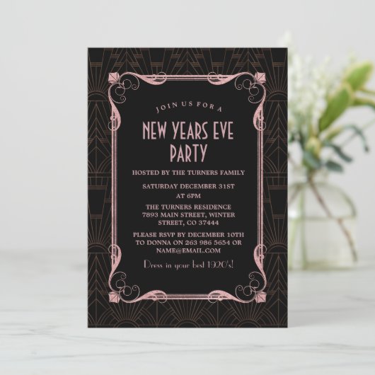 Roaring 20er Rose Gold Great Gatsby Silvester Einladung (Stehend Vorderseite)