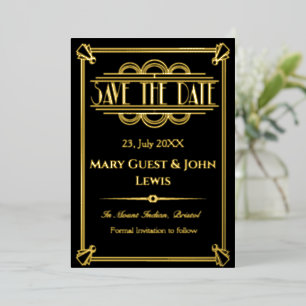 Roaring 20's Black and Gold Art Deco Save the Date Folieneinladung