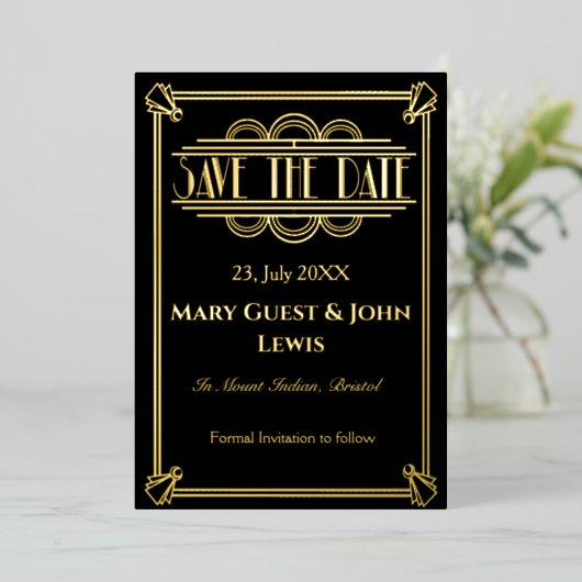 Roaring 20's Black and Gold Art Deco Save the Date Folieneinladung (Stehend vorne)