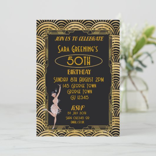 Roaring 20's Flapper 200 Gatsby Art Deco Einladung (Stehend Vorderseite)