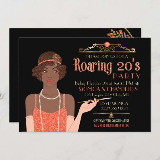 Roaring 20's Flapper Glitzer Retro Mandarine Schwa Einladung (Vorne/Hinten)
