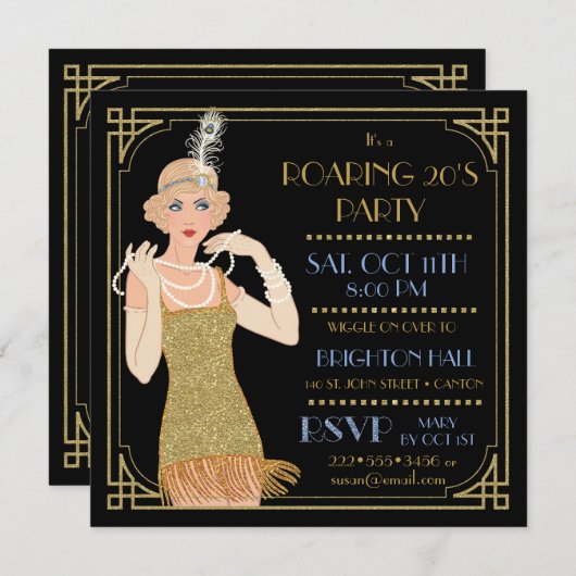 Roaring 20's Flapper Gold Glitzer Black Retro Einladung (Vorne/Hinten)