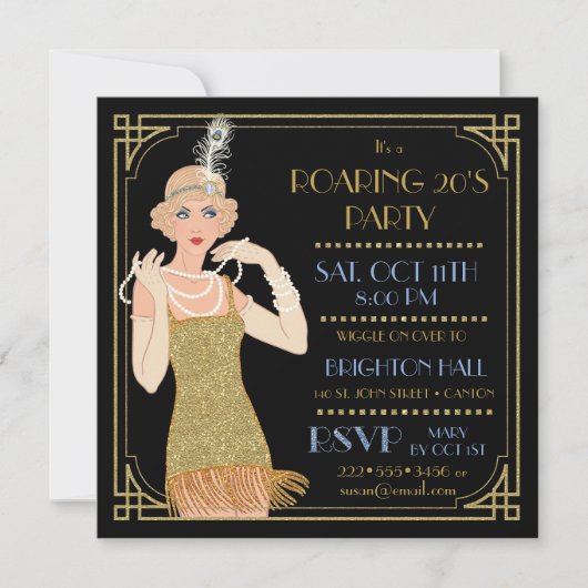 Roaring 20's Flapper Gold Glitzer Black Retro Einladung (Vorderseite)