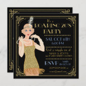 Roaring 20's Flapper Gold Glitzer Black Retro Einladung (Vorne/Hinten)