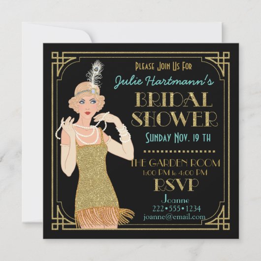 Roaring 20's Flapper Gold Glitzer Black Retro Einladung (Vorderseite)