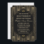 Roaring 20s Great Gatsby Art Deco 18. Geburtstag Einladung<br><div class="desc">Great Gatsby Vintag Art Deco Geburtstagsparty Einladung. Das inspirierte Design der 20er Jahre ist in Schwarz und Gold gehalten und weist einen schönen geometrischen Stil des Art Déco auf. Verwenden Sie das Tool Personalisieren,  um Ihre Informationen hinzuzufügen. Siehe auch meine 18. Geburtstagskollektion.</div>