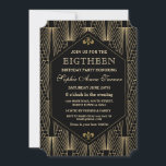 Roaring 20s Great Gatsby Art Deco 18. Geburtstag Einladung<br><div class="desc">Great Gatsby Vintag Art Deco Geburtstagsparty Einladung. Das inspirierte Design der 20er Jahre ist in Schwarz und Gold gehalten und weist einen schönen geometrischen Stil des Art Déco auf. Verwenden Sie das Tool Personalisieren,  um Ihre Informationen hinzuzufügen. Siehe auch meine 18. Geburtstagskollektion.</div>