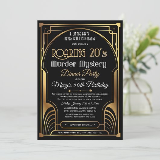 Roaring 20s Murder Mystery (auch Foil verfügbar) Einladung (Stehend Vorderseite)