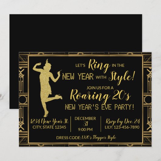 Roaring 20's Silvester-Party Einladung (Vorne/Hinten)