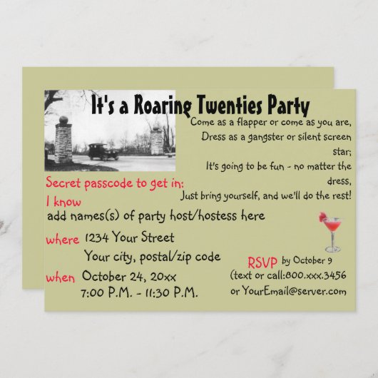 Roaring 20ties Speakeasy Theme Party Einladung (Vorne/Hinten)