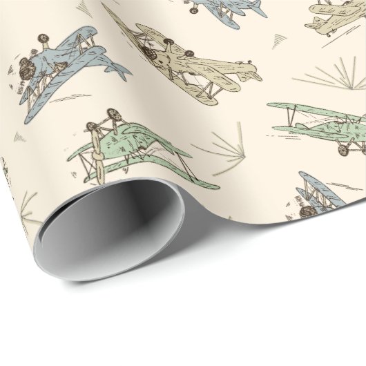 Roaring Art Deco Bi-Flugzeug - blaues grünes Muste Geschenkpapier (Rolleneckpunkt)