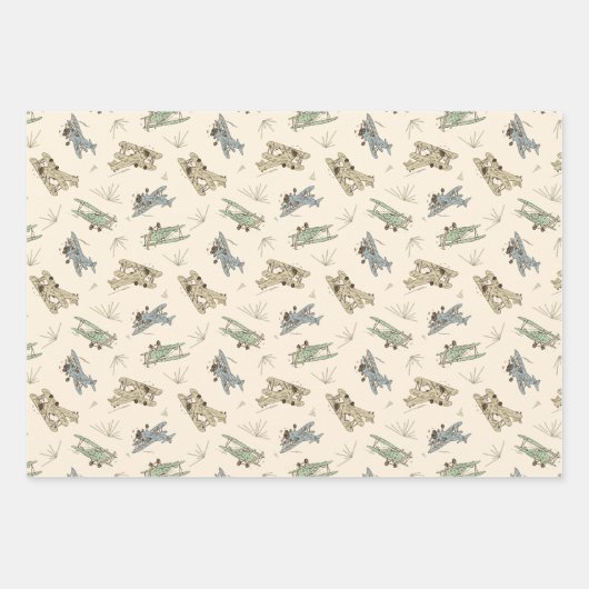 Roaring Art Deco Bi-Flugzeug - blaues grünes Muste Geschenkpapier Set (Vorderseite)