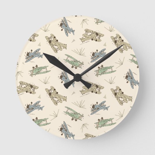 Roaring Art Deco Bi-Flugzeug - blaues grünes Muste Runde Wanduhr (Vorderseite)