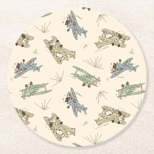 Roaring Art Deco Bi-Flugzeug - blaues grünes Muste Runder Pappuntersetzer (Vorderseite)