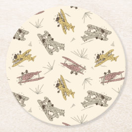 Roaring Art Deco Bi-Flugzeug - rot-gelbes Muster. Runder Pappuntersetzer