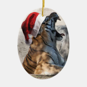 Roaring Bengalisch Tiger mit Weihnachtsmannmütze Keramik Ornament