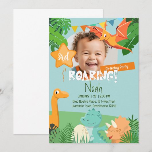 Roaring Dinosaur Themed Customizable Foto Einladung (Vorne/Hinten)