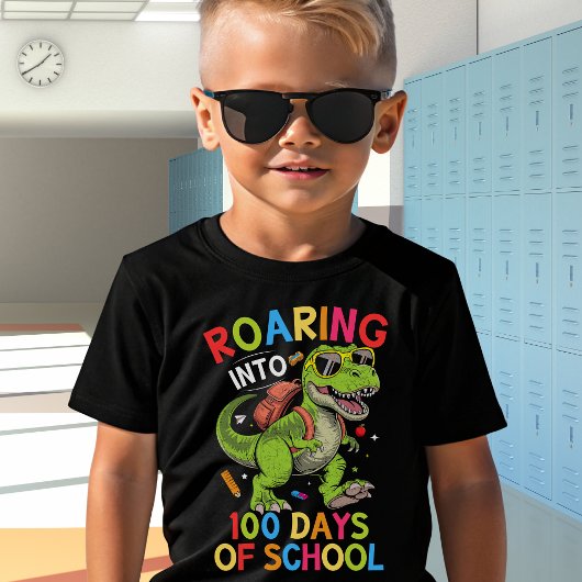 Roaring into 100 Days of School Dinosaur– Fun Kids T-Shirt