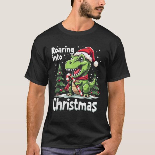 Roaring into Christmas T Rex Santa Hat Candy Cane T-Shirt (Vorderseite)