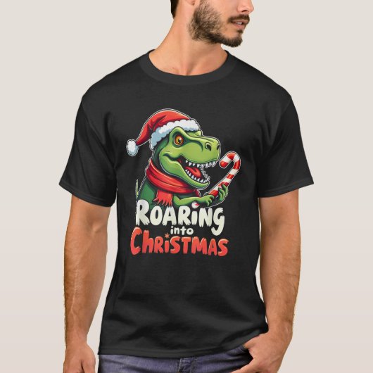 Roaring into Christmas T Rex Santa Hat Candy Cane T-Shirt (Vorderseite)