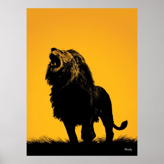 Roaring Lion Poster - Schwarze Silhouette auf Gelb (Vorne)