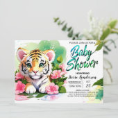 Roaring Pink Tiger Watercolor Babydusche Einladung (Stehend Vorderseite)