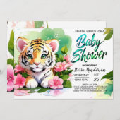 Roaring Pink Tiger Watercolor Babydusche Einladung (Vorne/Hinten)