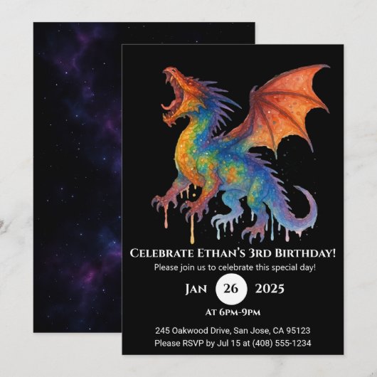 Roaring Rainbow Dragon Birthday Einladung (Vorne/Hinten)