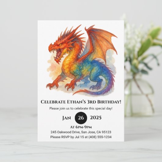 Roaring Rainbow Dragon Birthday Einladung (Stehend Vorderseite)