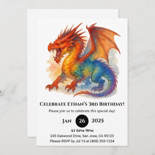 Roaring Rainbow Dragon Birthday Einladung (Vorne/Hinten)