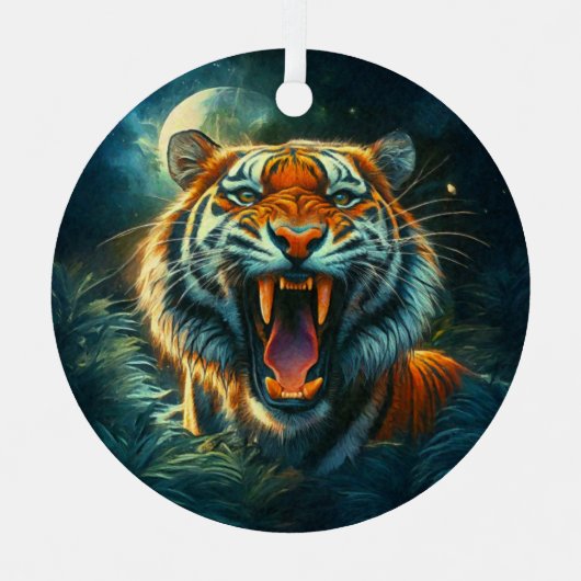 Roaring Tiger Moonlit Dschungel Ornament Aus Metall (Vorderseite)