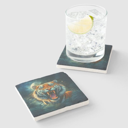 Roaring Tiger Moonlit Dschungel Steinuntersetzer (Seitenansicht)