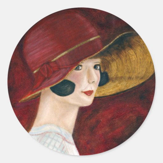 Roaring Twenties 1920er Flapper Girl in Red Hat Runder Aufkleber (Vorderseite)