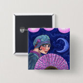 Roaring Twenties Flapper Girl Fan Moon Stars Button (Vorne & Hinten)