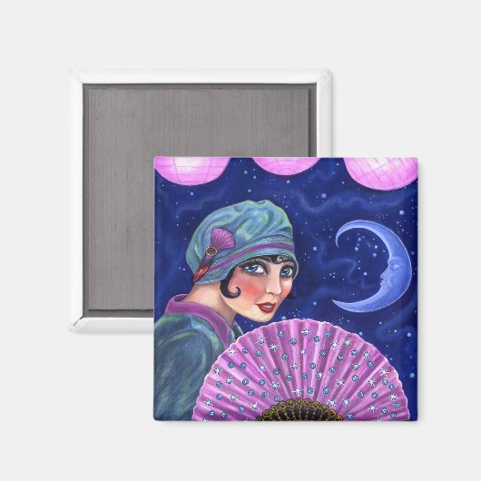 Roaring Twenties Flapper Girl Fan Moon Stars Magnet (Vorderseite/Rückseite)
